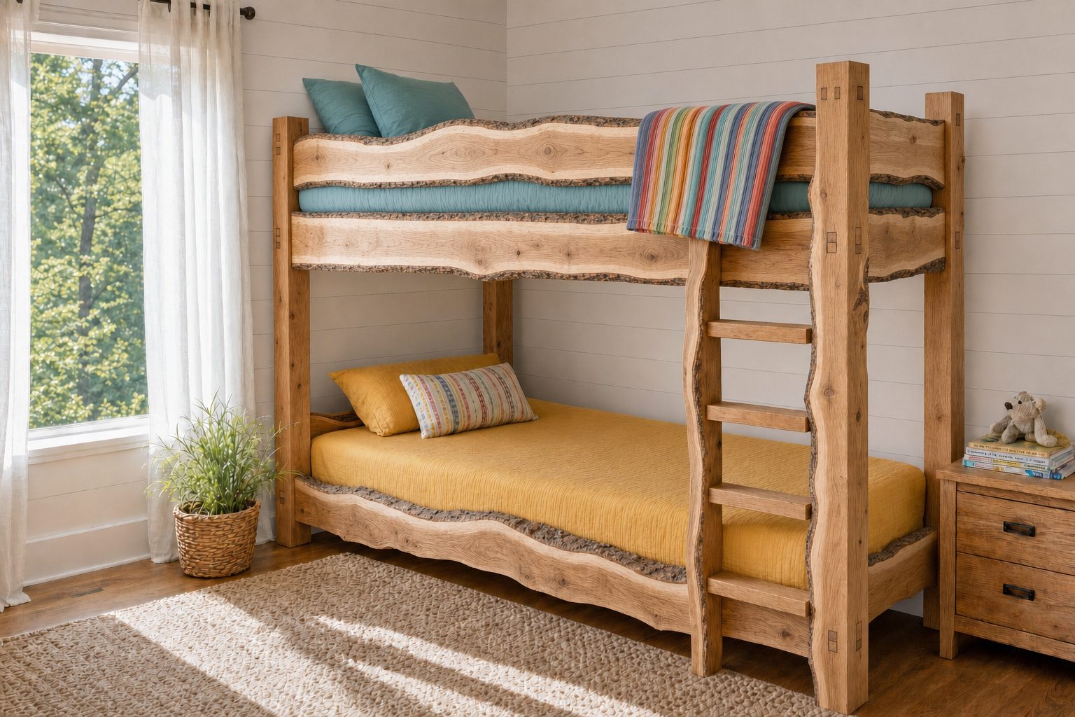 A solid maple bunk bed with thick live edge slab side rails, a live edge ladder and pegged joints in a bright shiplap kids room.