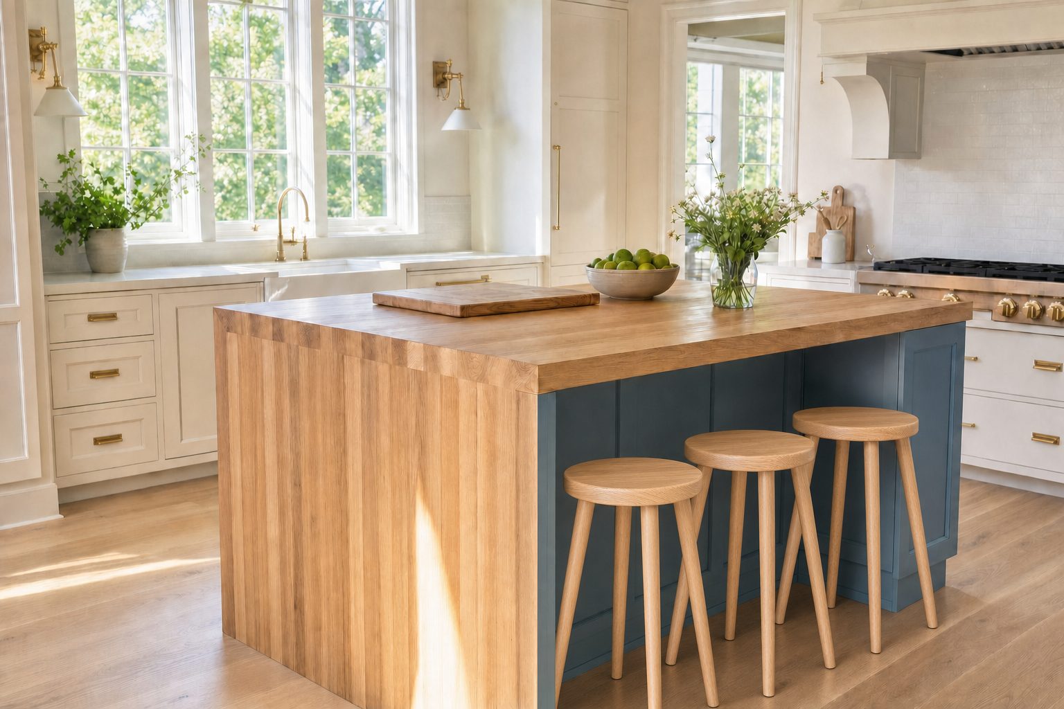 A thick full-stave white oak waterfall edge island with a mitred corner and a deep teal base in a bright white kitchen.