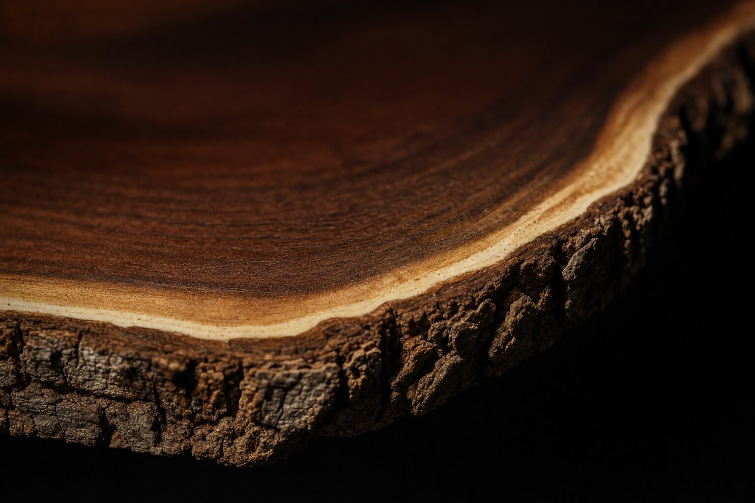 Macro detail of the bark edge and cream sapwood line on a finished black walnut slab.
