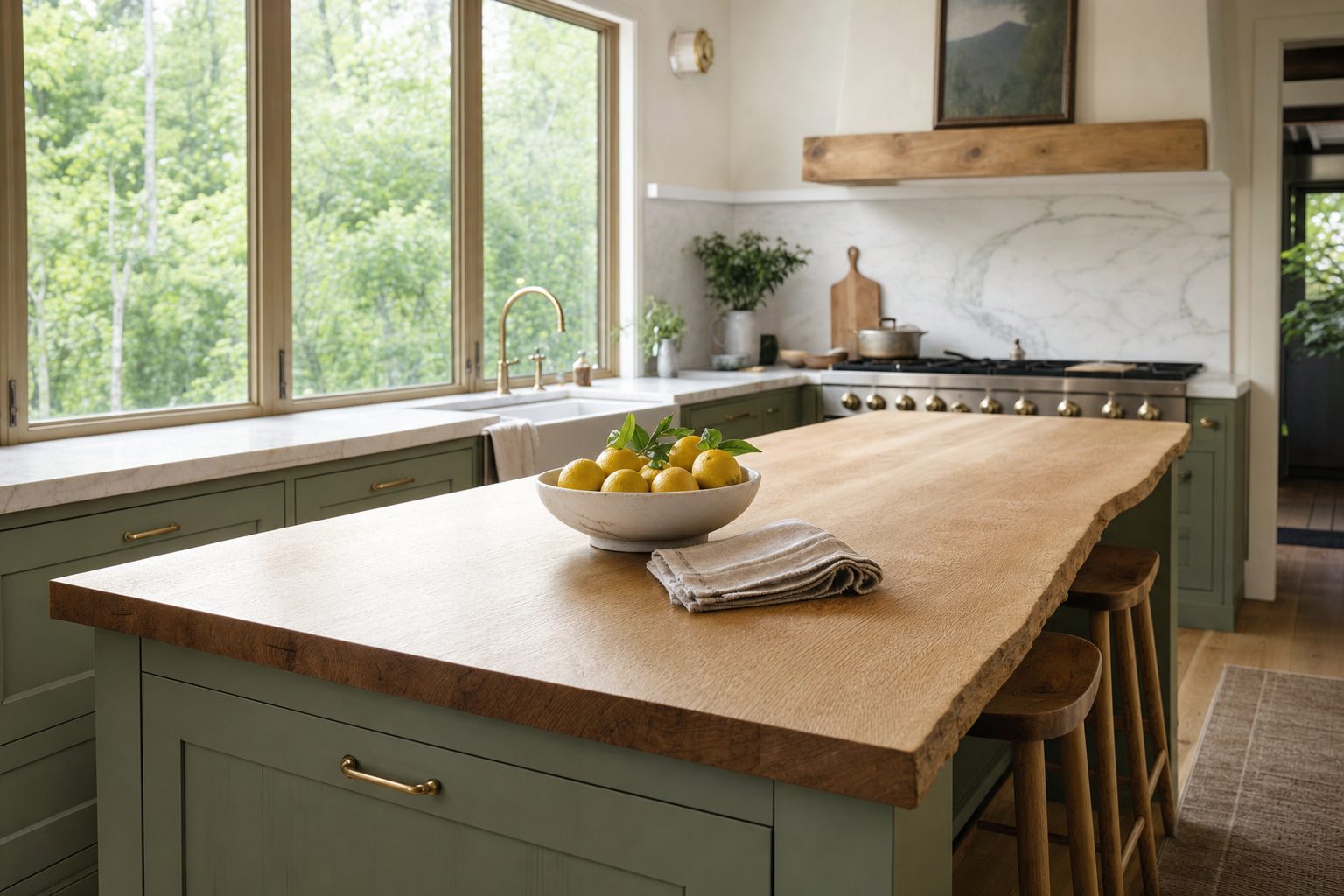 A live edge white oak countertop with a natural wavy edge in a bright cabin kitchen with sage green cabinets and a wall of windows.