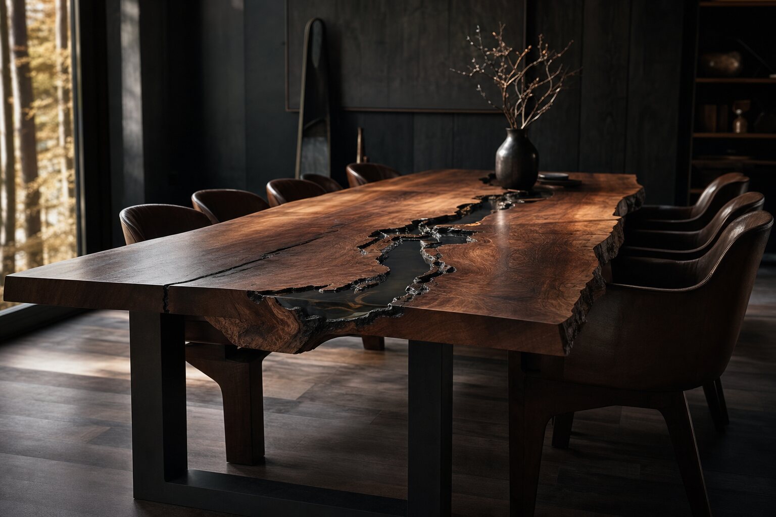 A live edge black walnut dining table with a resin filled river on blackened steel legs in a cabin dining room.
