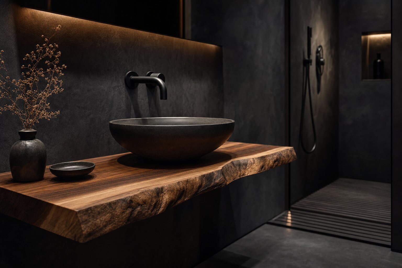 A floating live edge walnut vanity top with a stone vessel basin against a dark plaster bathroom wall.