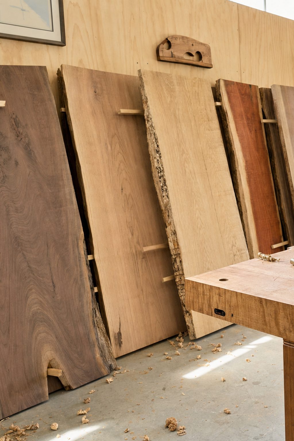Rough sawn walnut, white oak and cherry slabs stickered against the shop wall beside a maple workbench with hand planes.